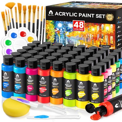 64 PCS Acrylic Paint Set with 12 Brushes, 2 Knives and Palette, 48 Colors (2oz/60ml) Art Craft Paints Gifts for Adults Kids Artists Beginners, Art