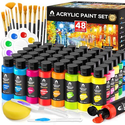 64 PCS Acrylic Paint Set with 12 Brushes, 2 Knives and Palette, 48 Colors (2oz/60ml) Art Craft Paints Gifts for Adults Kids Artists Beginners, Art