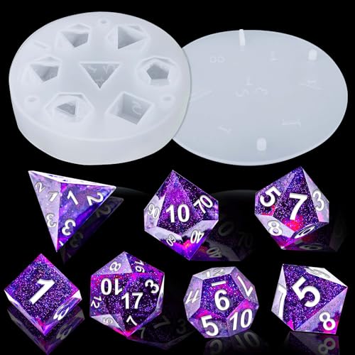 Juome Dice Resin Molds Silicone, DND Dice Silicone Molds for Epoxy Resin Casting with 7 Standard Stereoscopic Dice Cavities, Resin Mold for DIY Dices