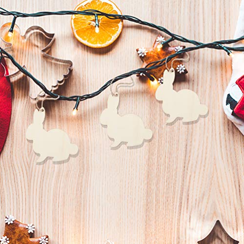Amosfun 30pcs Wooden Easter Cutouts Rabbit Unfinished Wood Slices Wooden Easter Crafts with Hemp Ropes for Easter Hanging Party Decoration Amosfun