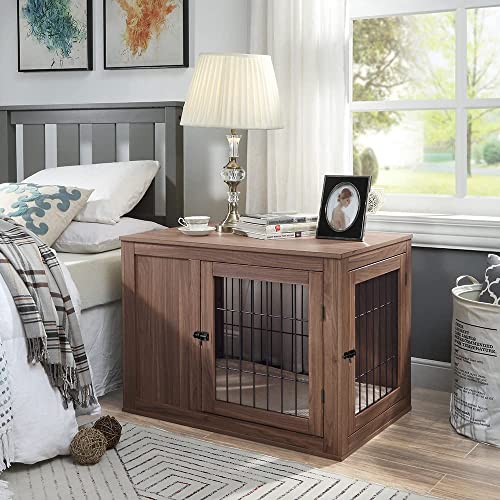 unipaws Furniture Style Dog Crate End Table with Cushion, Wooden Wire Pet Kennels with Double Doors, Medium Dog House Indoor Use (Walnut, Medium) unipaws