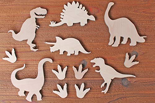 Set 6 Dinosaurs T Rex & More Unfinished Wood Cutout Shapes & Footprints Crafts - WoodArtSupply