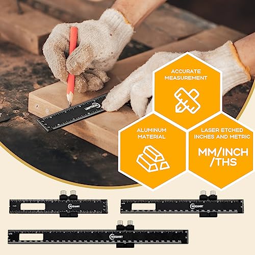 VICHSAMWY 3PCS Black Metal Woodworking Ruler, Adjustable 6/8/12 Inch Precision Pocket Slide Ruler,Inch and Metric Measuring Ruler for Woodworker VICHSAMWY