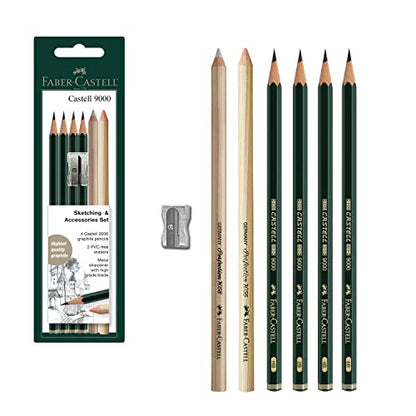 Faber-Castell Sketching and Accessories Set - Castell 9000 Graphite Pencils and Eraser Pencils - Art Pencils for Drawing and Shading