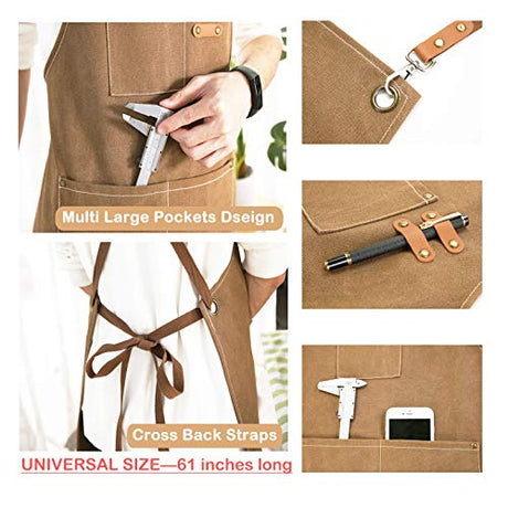 ZOMAO Chef Apron, Cotton Canvas Cross Back Apron with Pockets for Women and Men,Adjustable Strap and Large Pockets Apron,Kitchen Cooking Baking Bib ZOMAO