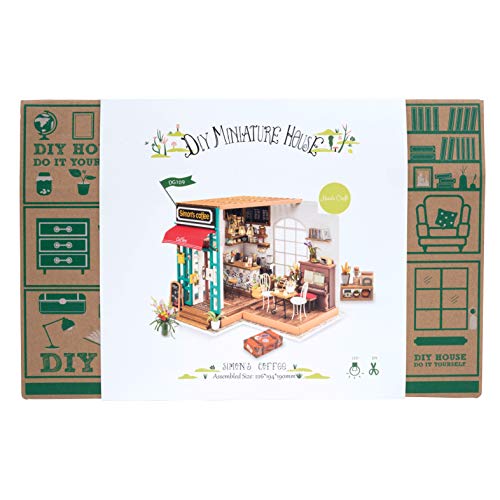 Hands Craft DIY Miniature Dollhouse Kit - Simon's Coffee 3D Model Tiny House Building with LED Lights Wood Prefabricated Pieces Puzzle 1:24 Scale