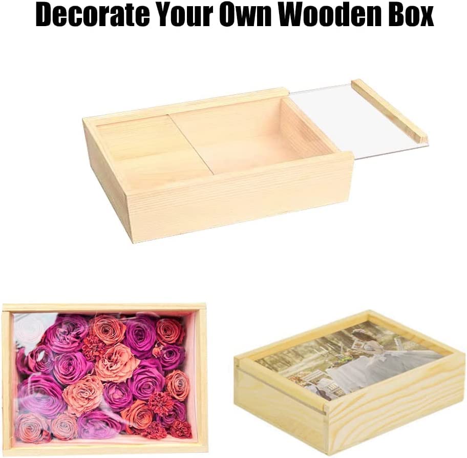 YCOSAN 2 Pack Unfinished Wood Boxes - 7.9 x 5.9 x 2.7 Inch Wood Boxes, Wooden Boxes for Crafts, Large Craft Wooden Box with Sliding Transparency Lid YCOSAN