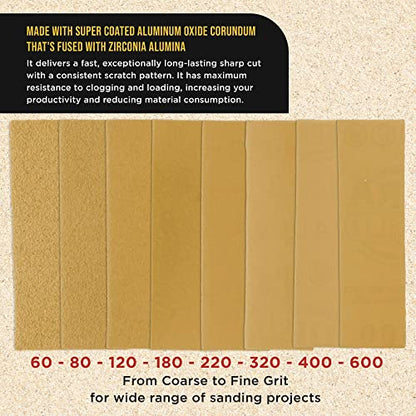Dura-Gold Micro Hand Sanding Block Kit, 3.5” x 1” Pad, Hook & Loop Backing, 40 Sandpaper Sheets, 5 Each 60, 80, 120, 180, 220, 320, 400, 600 Grit -