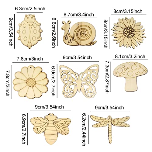 Honbay 40PCS Unfinished Spring Wooden Cutouts Wood Butterfly Sunflower Beetle Flower Dragonfly Mushroom Bee Snail Slices for DIY Crafts Home HONBAY