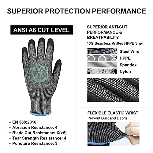 OKIAAS Level 6 Cut Resistant Work Gloves, Foam Nitrile Coated with Grip, Touchscreen Safety Gloves for Woodworking, Fishing, Construction, Mechanic OKIAAS