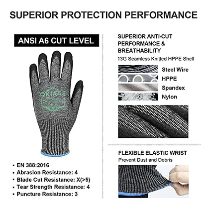 OKIAAS Level 6 Cut Resistant Work Gloves, Foam Nitrile Coated with Grip, Touchscreen Safety Gloves for Woodworking, Fishing, Construction, Mechanic - WoodArtSupply