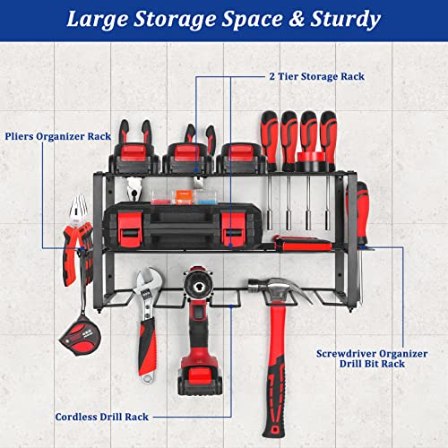 Tool Storage Organizer Holder, 3 Layers Garage Tool Holder Wall Mounted, Heavy Duty Tool Shelf & Tool Rack, Cordless Drill Holder, Tool Box