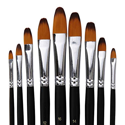 Artist Paint Brushes Set,9 Pcs Professional Filbert Brushes for Acrylic Oil Watercolor Gouache Painting Kits with Long Handle Nylon Hair Black HOJIBOFA