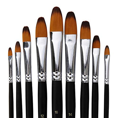 Artist Paint Brushes Set,9 Pcs Professional Filbert Brushes for Acrylic Oil Watercolor Gouache Painting Kits with Long Handle Nylon Hair Black