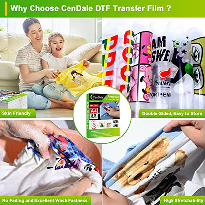 CenDale DTF Transfer Film and Powder Kit - 30 Sheets A4 DTF Film for Sublimation, 14oz White Medium DTF Powder, Direct-to-Film Transfer for Any - WoodArtSupply