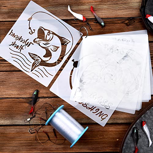 9 Pieces Fish Stencil Bass Fish Stencil Bass Fishing Stencil Template Reusable Painting Drawing Stencil and Metal Open Ring for Painting on Wood Wall Outus