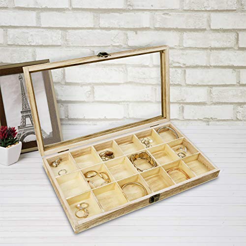MOOCA Wooden Display Storage Case with Tempered Glass Lid for Jewelry and Beads with 18 Compartments Tray, 15 W x 8 3/8 L x 2 1/8 H in, Oak Color