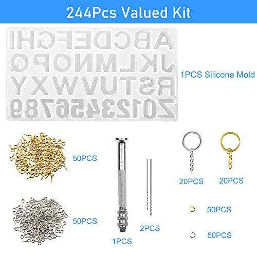 244Pcs Alphabet Silicone Resin Casting Molds Kit, Reversed Letters & Numbers Epoxy Casting Molds with Pin Vise Set for DIY Making Keychain/House Nupinta