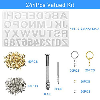 244Pcs Alphabet Silicone Resin Casting Molds Kit, Reversed Letters & Numbers Epoxy Casting Molds with Pin Vise Set for DIY Making Keychain/House - WoodArtSupply