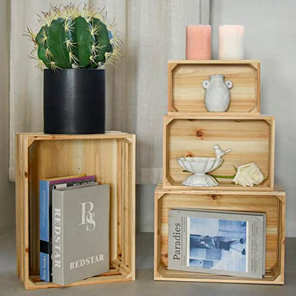 MACVAD Set of 4 Large Wooden Crates Unfinished Office Storage Crates, Decorative Wood Storage Crates for Display, Rustic Pine Wood Organizer Bin - WoodArtSupply