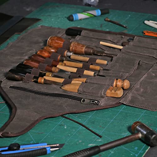 TOURBON Waxed Canvas Tool Roll Up Bag, 25-Pocket Wood Carving Chisel Carrying Case, Multi-Purpose Tool Pouch with Zipped Compartments TOURBON