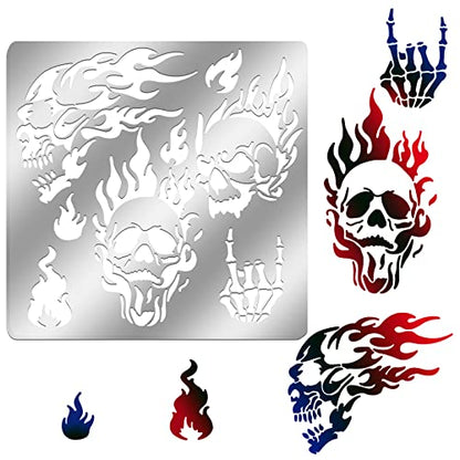 ORIGACH 6x6 inch Metal Skull Stencil Fire Skull Pyrography Stencils Template for Halloween Wood Carving, Drawings and Woodburning, Engraving and Scrapbooking Project