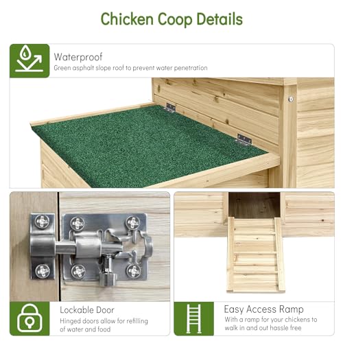 Unovivy Wooden Chicken Coop Hen House Poultry Cage with 2 Chicken Nesting Box & Ramp, Waterproof Roof Chicken Coop Pet House for Chicken Rabbit - WoodArtSupply