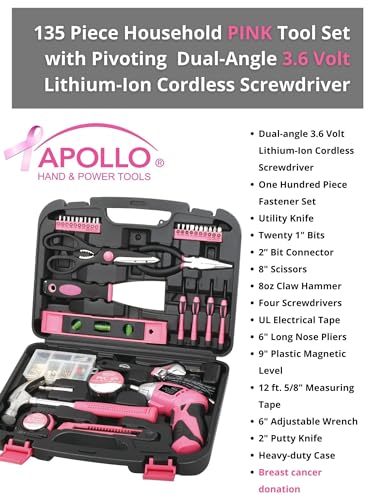 Apollo 135 Piece Household Tool Kit Pink with Pivoting Dual-Angle 3.6 V Lithium-Ion Cordless Screwdriver - DT0773N1