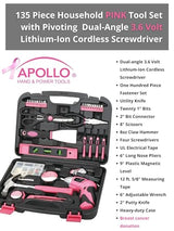 Apollo 135 Piece Household Tool Kit Pink with Pivoting Dual-Angle 3.6 V Lithium-Ion Cordless Screwdriver - DT0773N1 Apollo