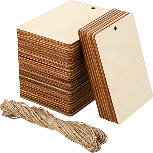 36 Pieces Unfinished Wood Pieces (2.5 x 3.5) Rectangle Square Rustic Blank Wood Tags with Holes Light Wooden Cutouts with 32.8 Feet Rope for Holiday