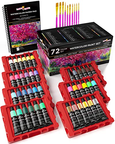 Watercolor Paint Set Kids - 72 Watercolor Paint Tubes, Watercolor Paints Paper Pad, 10 Paint Brushes - Watercolor Tubes, Watercolor Paint Kit for CHALKY CROWN