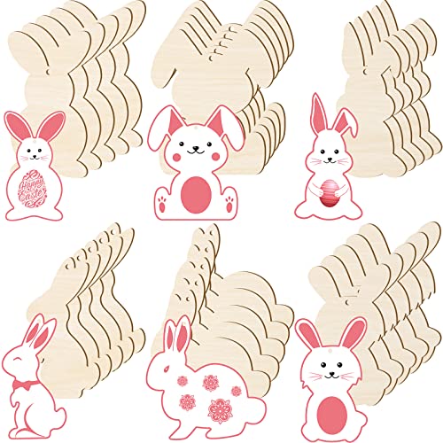 36 Pieces Easter Wood Bunny Cutouts Unfinished Wooden Rabbit Cutouts Blank Bunny Shape Slices Hanging Ornament Craft Tags with Hole Ropes for Easter