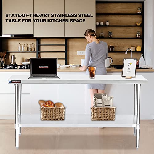 Food Prep Stainless Steel Table - DuraSteel 30 x 72 Inch Commercial Metal Workbench with Adjustable Under Shelf - NSF Certified - For Restaurant, DuraSteel