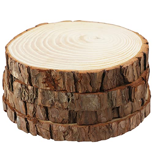 FSWCCK 4 Pack Unfinished Large Wood Slices, 7-8 Inches Round Wooden Circle with Tree Bark, Rustic Wood Slices for DIY Painting Crafts, Weddings