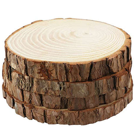 FSWCCK 4 Pack Unfinished Large Wood Slices, 7-8 Inches Round Wooden Circle with Tree Bark, Rustic Wood Slices for DIY Painting Crafts, Weddings FSWCCK