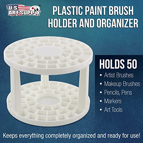 U.S. Art Supply Plastic Artist Round 50 Hole Paint Brush Holder and Organizer - Rack Holds Paintbrushes, Makeup Cosmetic Brushes, Pencils, Pens, - WoodArtSupply