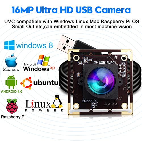 ELP 16MP Wide Angle USB Camera Module for Raspberry Pi and Computer 4K Mini UVC USB2.0 Video Webcam Board with 118degree No Distortion Lens IMX298 ELP
