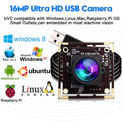 ELP 16MP Wide Angle USB Camera Module for Raspberry Pi and Computer 4K Mini UVC USB2.0 Video Webcam Board with 118degree No Distortion Lens IMX298 - WoodArtSupply