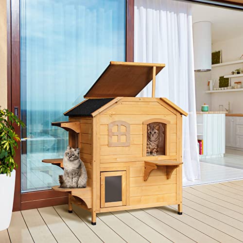 PawHut 2-Story Cat House Outdoor, Weatherproof Wooden Cat Enclosure for Feral Cats with Escape Door, Openable Roof, Jumping Platforms, Natural PawHut