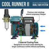 Master Airbrush Cool Runner II Dual Fan Air Compressor Professional Airbrushing System Kit with 3 Airbrushes, Gravity and Siphon Feed - Holder, Color Master Airbrush