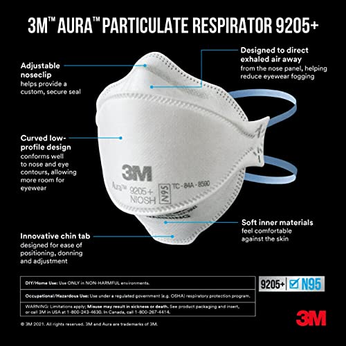 3M Aura Particulate N95 Respirator 9205+, Flat Fold Lightweight Design, Non-Valved, 20 Count (Pack of 1)