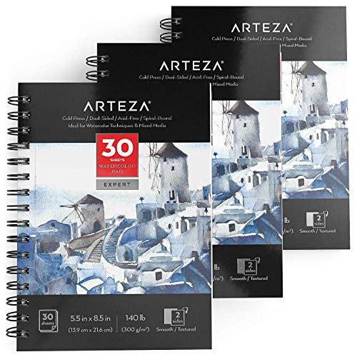 Arteza Watercolor Paper Pad Expert, Watercolor Sketchbook 5.5x8.5 Inch, Pack of 3, 30 Sheets Each, Spiral Bound, 140lb/300gsm Cold Pressed Acid Free - WoodArtSupply