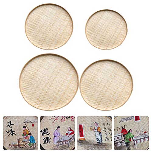 VOSAREA 4pcs Bamboo Woven Storage Plate Serving Tray Arts and Crafts Organizer Bamboo Weaving Art Painting Hanging Ornament - WoodArtSupply