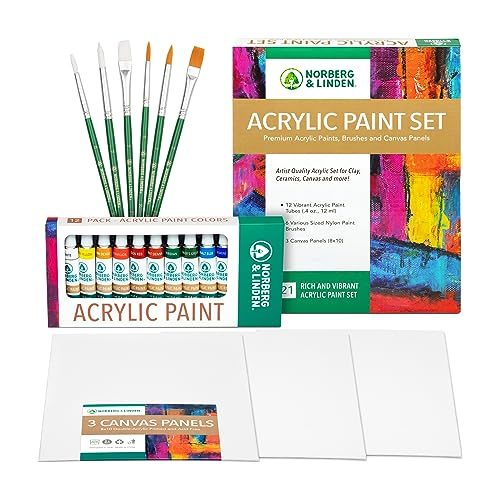 Norberg & Linden Acrylic Paint Set - Canvas and Acrylic Paint Sets for Adults, Teens, Kids - Includes 12 Vivid Colors, 3 Painting Canvas Panels & 6