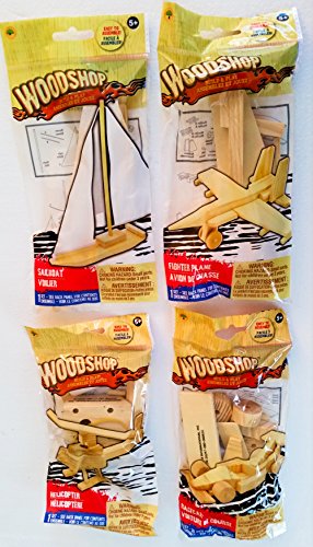 Woodshop DIY Wood Model Kits - Fighter Plane, Race Car, Helicopter (and Sailboat OR Pirate Ship) Kids Set of 4