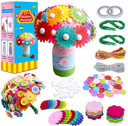Flower Craft Kit for Kids,Make Your Own Flower Bouquet with Buttons,DIY Activity Gift for Boys & Girls Age 4 5 6 7 8 9 10 Year Old(2 Bouquets and 1