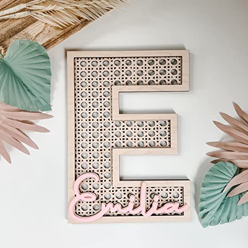 Custom Boho Wood Personalized Initial & Name Sign, 3D Layered Letter Handmade Rattan Wall Decor for Nursery or Child's Bedroom - Baby Shower, - WoodArtSupply