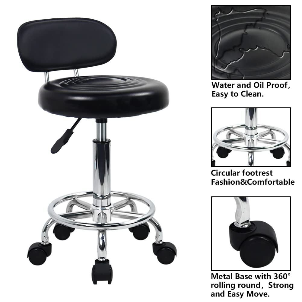 KKTONER PU Leather Modern Rolling Stool with Low Back Height Adjustable Work Salon Drafting Swivel Task Chair with Footrest (Black) - WoodArtSupply