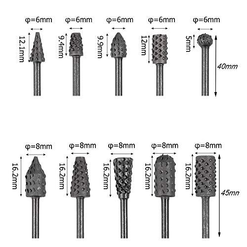 Eyech 10pc 1/8''(3mm) Shank Carbon Steel Rotary Burr Rasp Set Wood Carving File Rasp Drill Bits for DIY Woodworking Wood Carving Polishing Grinding