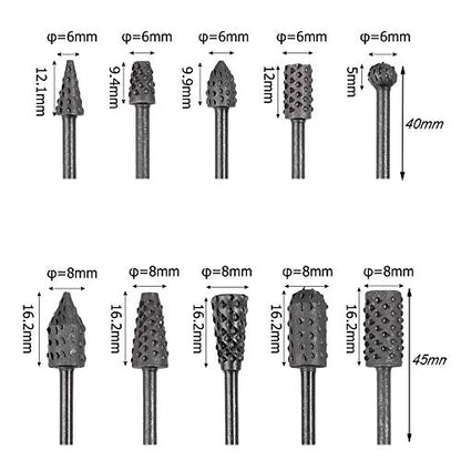 Eyech 10pc 1/8''(3mm) Shank Carbon Steel Rotary Burr Rasp Set Wood Carving File Rasp Drill Bits for DIY Woodworking Wood Carving Polishing Grinding - WoodArtSupply